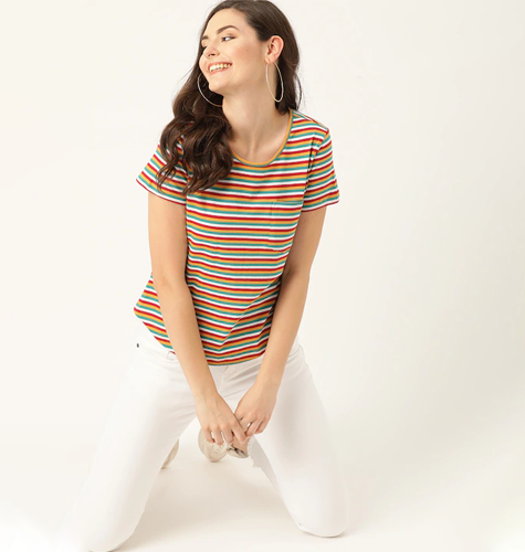 Women Multicoloured Striped Round Neck Pure Cotton T-shirt